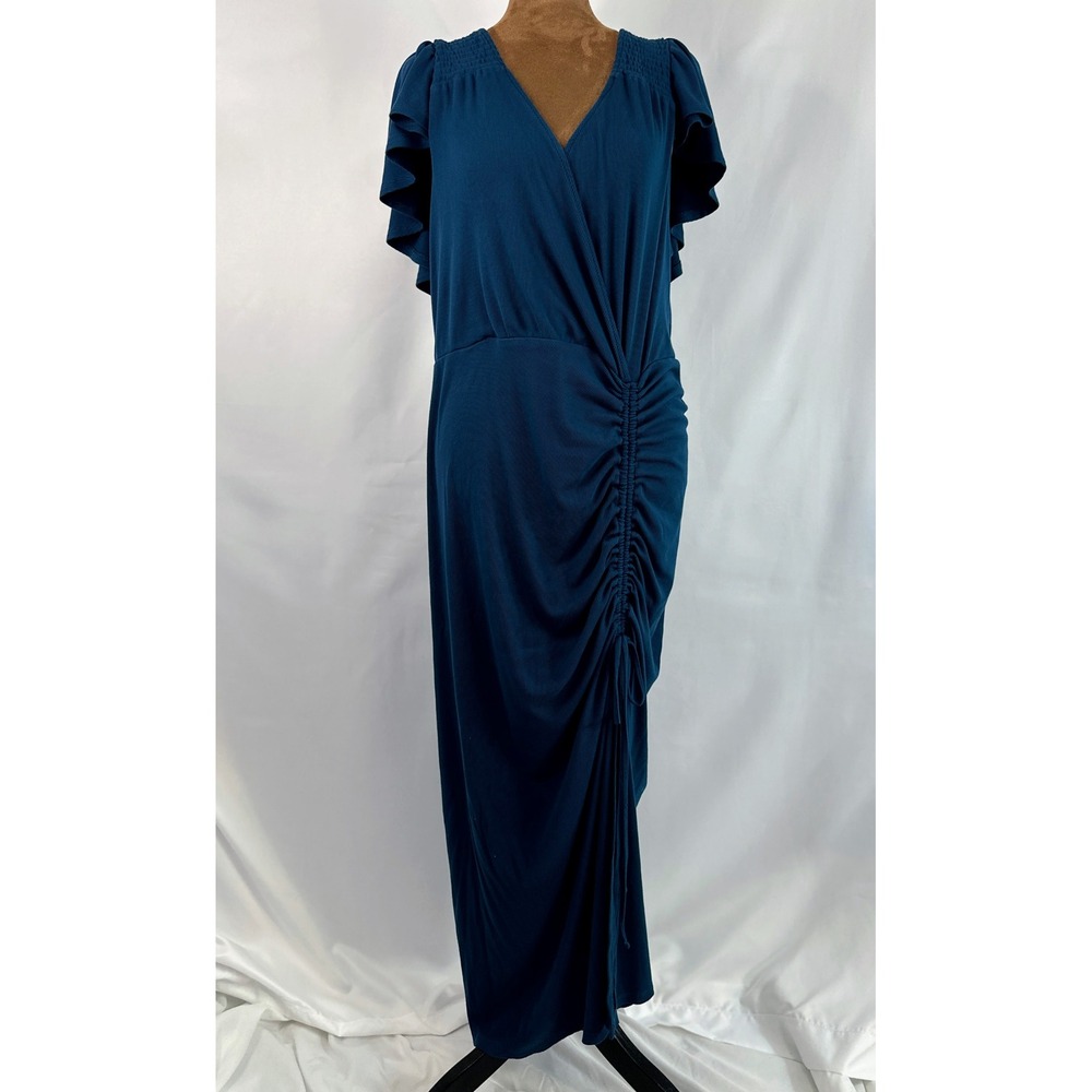 Betsey‎ Johnson Maxi Dress Womens XXL Teal Ribbed Ruched Flutter Sleeve VNeck